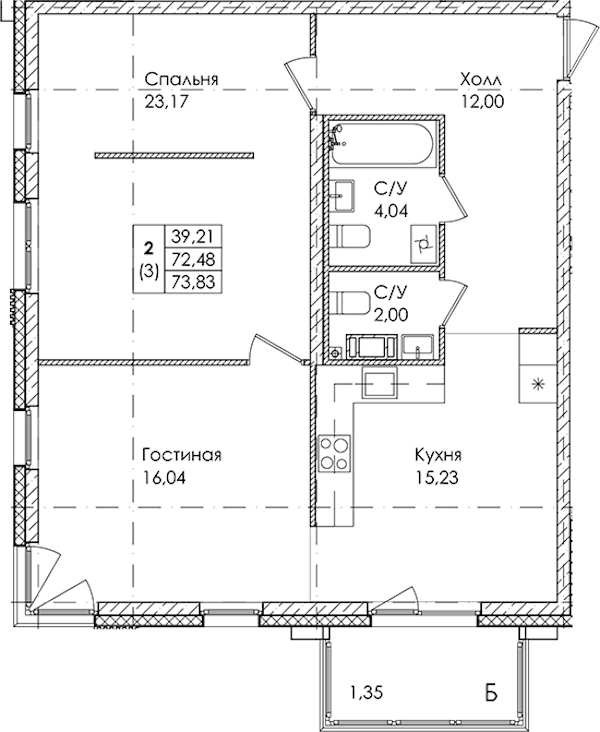 2-комнатная квартира 73.83 м², 3/4 эт., ЖК «Лисино»