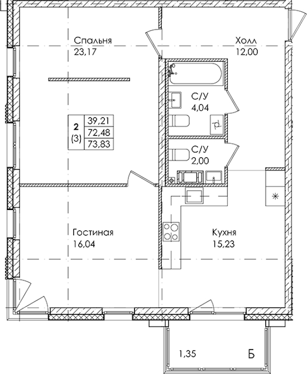 2-комнатная квартира 73.83 м², 4/4 эт., ЖК «Лисино»