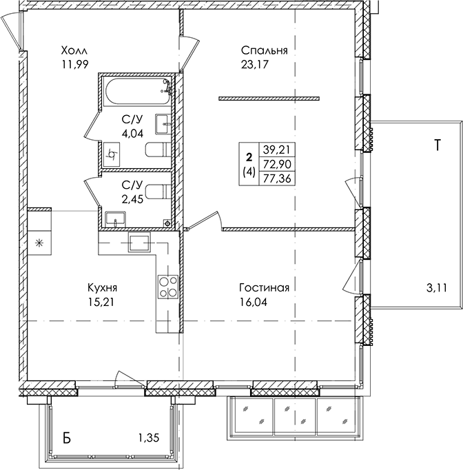 2-комнатная квартира 77.36 м², 1/4 эт., ЖК «Лисино»