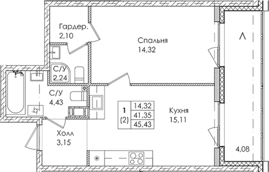 1-комнатная квартира 45.43 м², 2/4 эт., ЖК «Лисино»