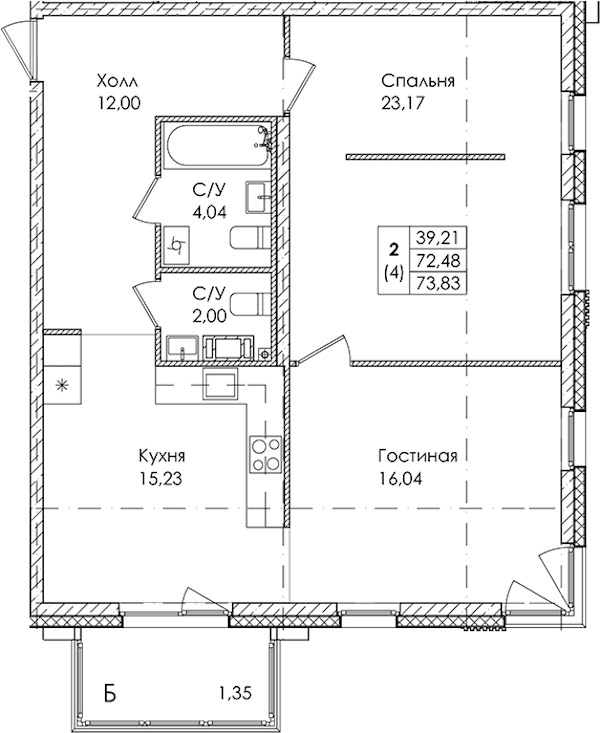 2-комнатная квартира 73.83 м², 2/4 эт., ЖК «Лисино»