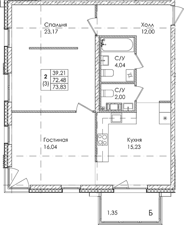 2-комнатная квартира 73.83 м², 2/4 эт., ЖК «Лисино»