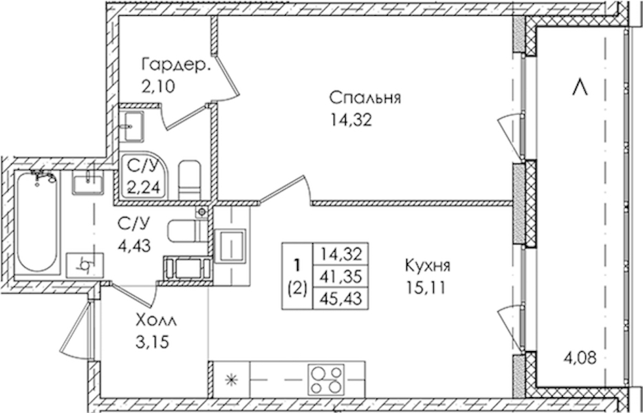 1-комнатная квартира 45.43 м², 3/4 эт., ЖК «Лисино»