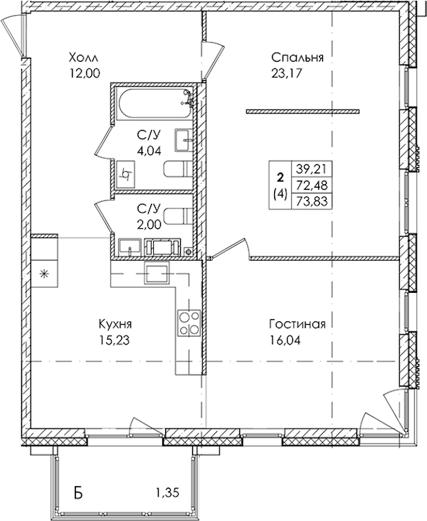 2-комнатная квартира 73.83 м², 3/4 эт., ЖК «Лисино»