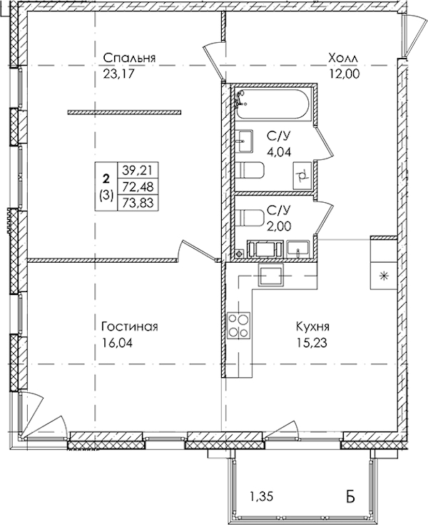 2-комнатная квартира 73.83 м², 3/4 эт., ЖК «Лисино»