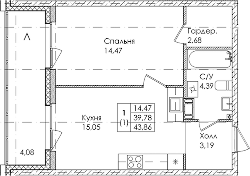 1-комнатная квартира 43.86 м², 3/4 эт., ЖК «Лисино»