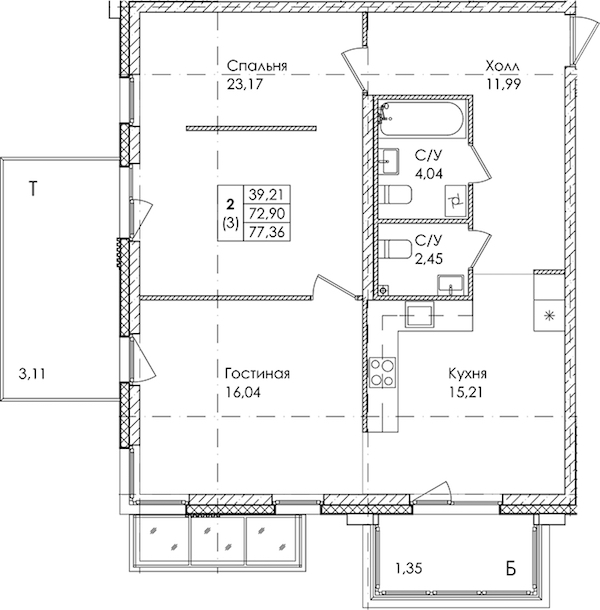 2-комнатная квартира 77.36 м², 1/4 эт., ЖК «Лисино»