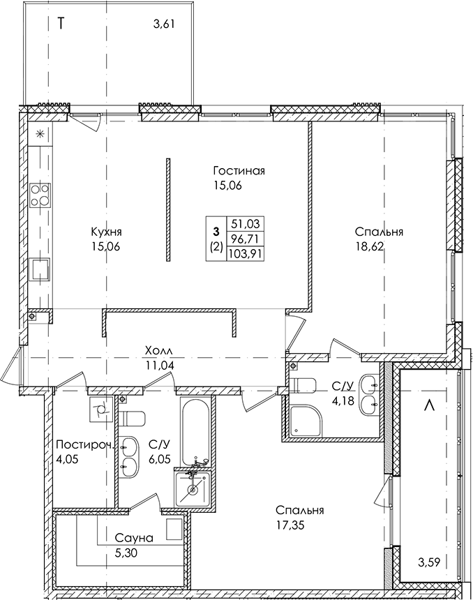 3-комнатная квартира 103.91 м², 1/4 эт., ЖК «Лисино»