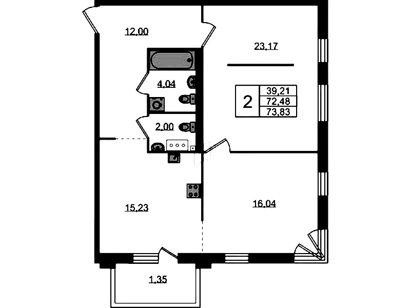 2-комнатная квартира 73.83 м², 2/4 эт., ЖК «Лисино»