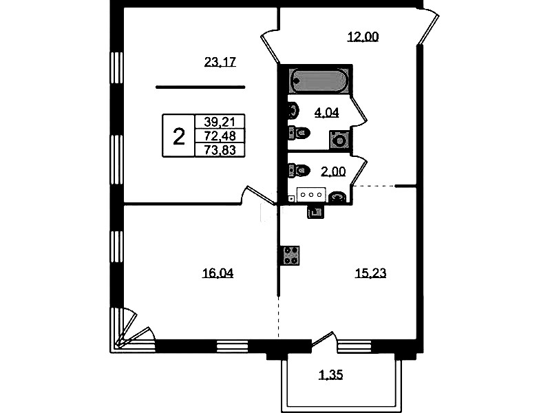 2-комнатная квартира 73.83 м², 4/4 эт., ЖК «Лисино»