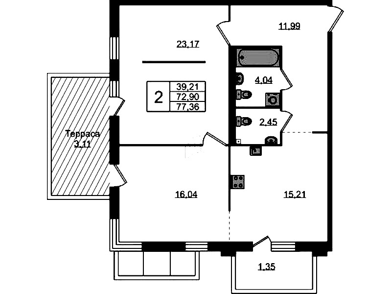 2-комнатная квартира 77.36 м², 1/4 эт., ЖК «Лисино»