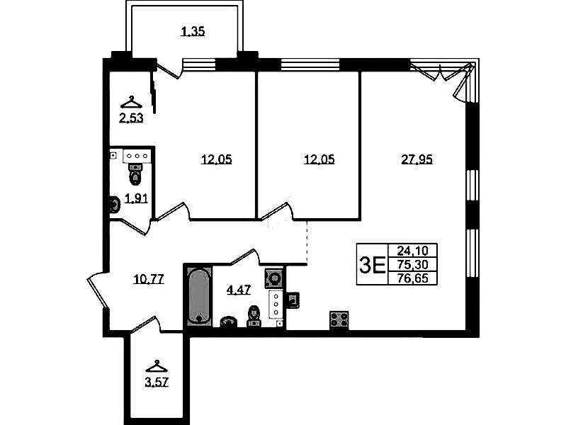 2-комнатная квартира 76.65 м², 2/4 эт., ЖК «Лисино»