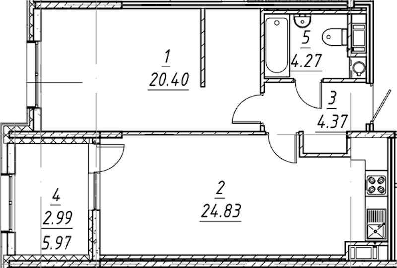 1-комнатная квартира 56.86 м², 3/10 эт., ЖК «е.волюция»