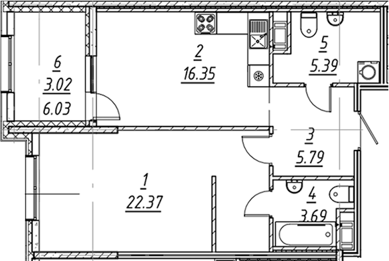 1-комнатная квартира 56.61 м², 6/10 эт., ЖК «е.волюция»