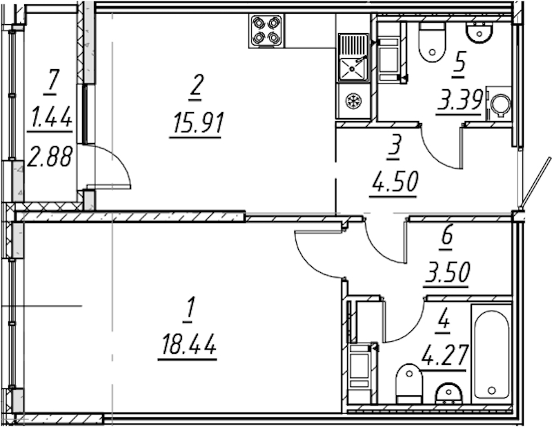 1-комнатная квартира 51.45 м², 9/10 эт., ЖК «е.волюция»