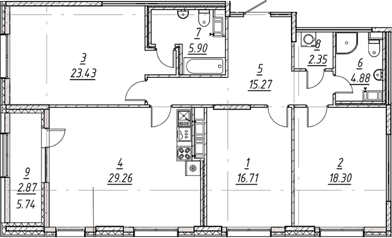 3-комнатная квартира 118.97 м², 5/10 эт., ЖК «е.волюция»