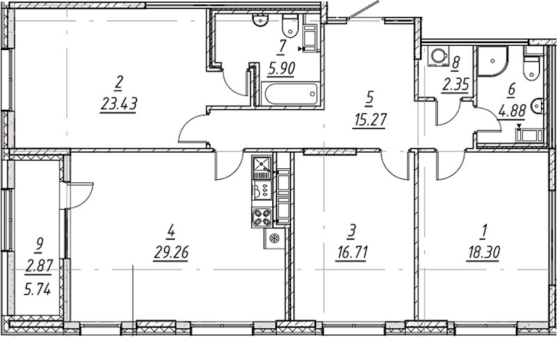 3-комнатная квартира 118.97 м², 8/10 эт., ЖК «е.волюция»