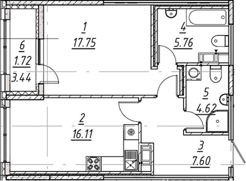 1-комнатная квартира 53.56 м², 9/10 эт., ЖК «е.волюция»