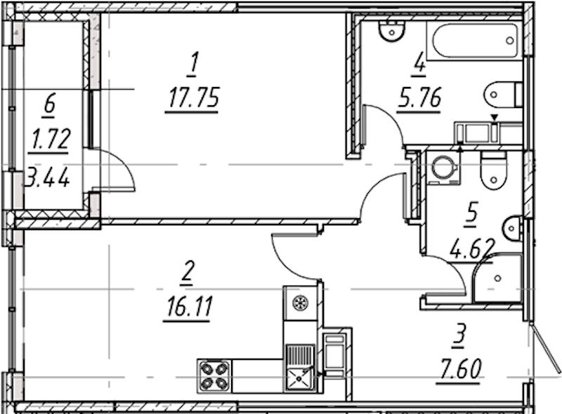 1-комнатная квартира 53.56 м², 10/10 эт., ЖК «е.волюция»