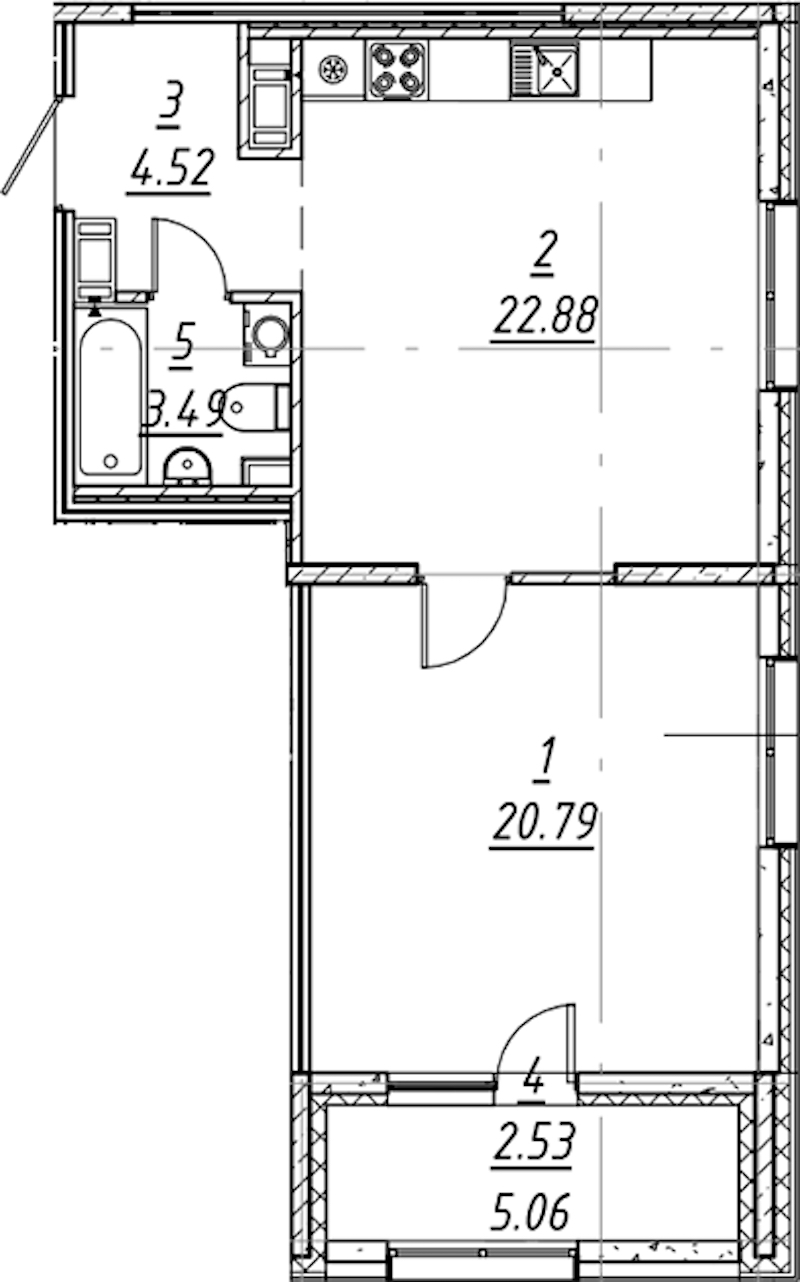 1-комнатная квартира 54.21 м², 4/11 эт., ЖК «е.волюция»