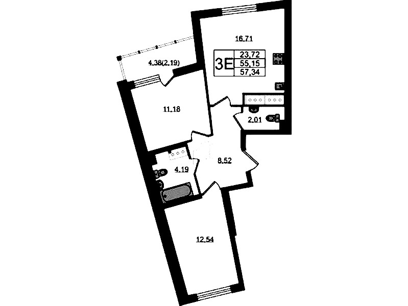 2-комнатная квартира 57.34 м², 19/22 эт., ЖК «Левитан»