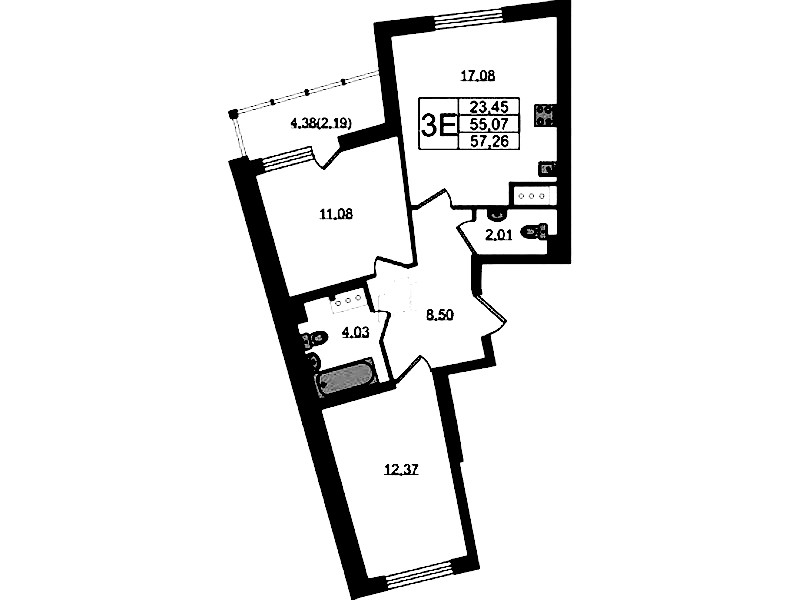 2-комнатная квартира 57.26 м², 6/22 эт., ЖК «Левитан»