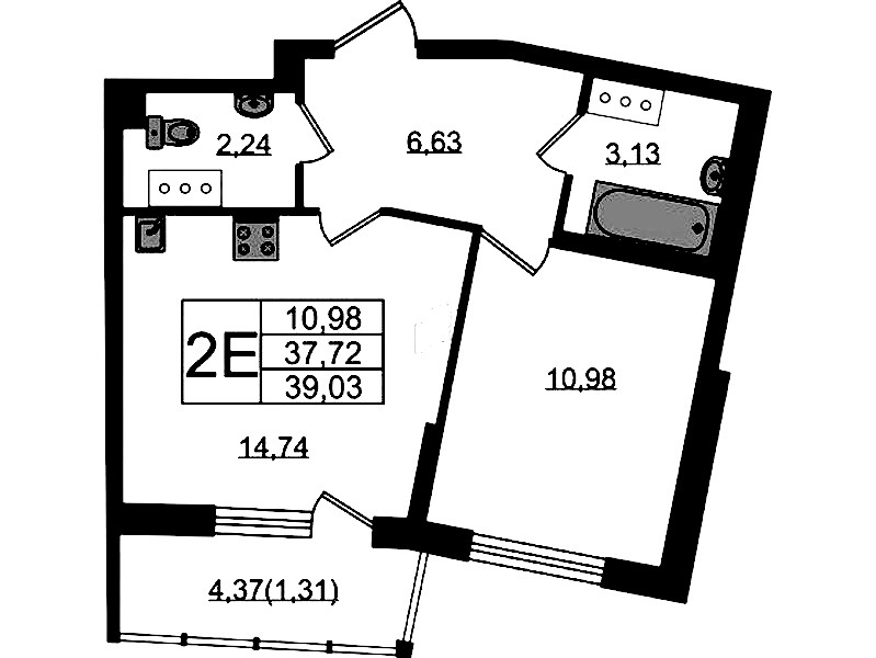 1-комнатная квартира 39.03 м², 7/22 эт., ЖК «Левитан»