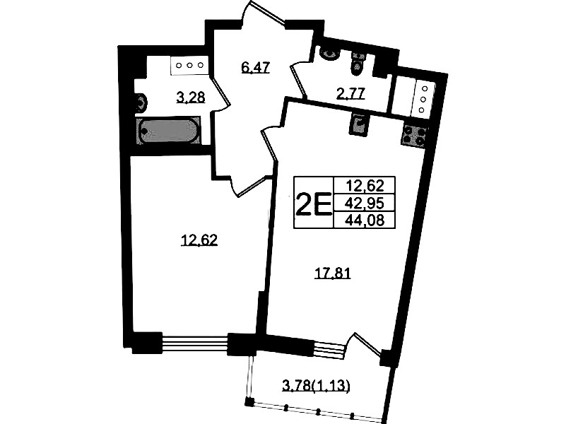 1-комнатная квартира 44.08 м², 13/22 эт., ЖК «Левитан»
