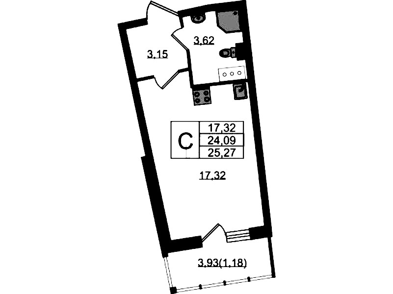 Квартира студия 25.27 м², 16/22 эт., ЖК «Левитан»