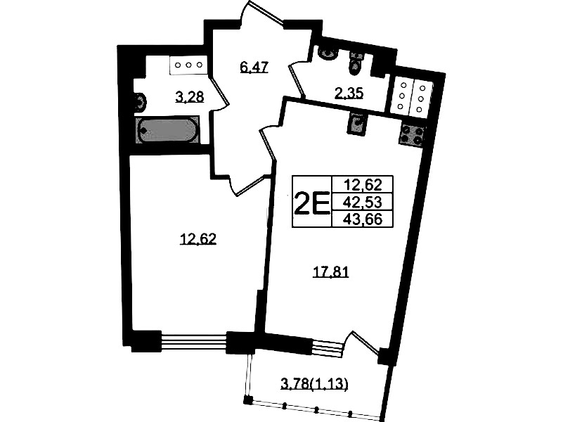 1-комнатная квартира 43.66 м², 21/22 эт., ЖК «Левитан»