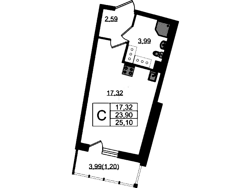 Квартира студия 25.1 м², 22/22 эт., ЖК «Левитан»