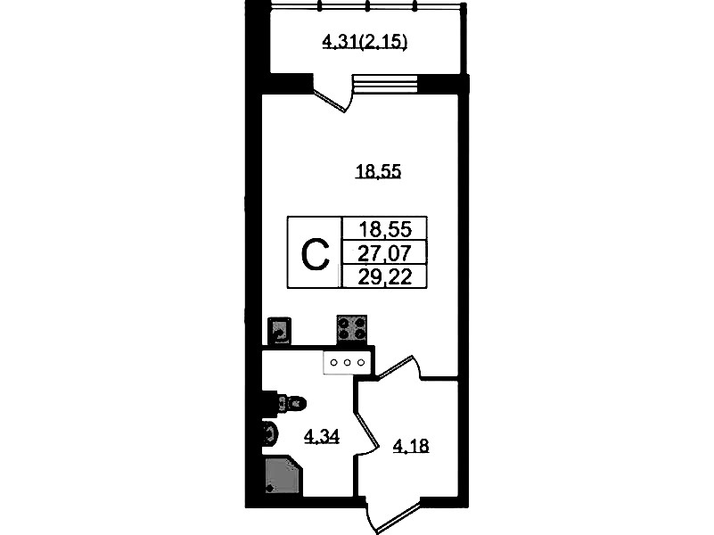 Квартира студия 29.22 м², 3/22 эт., ЖК «Левитан»