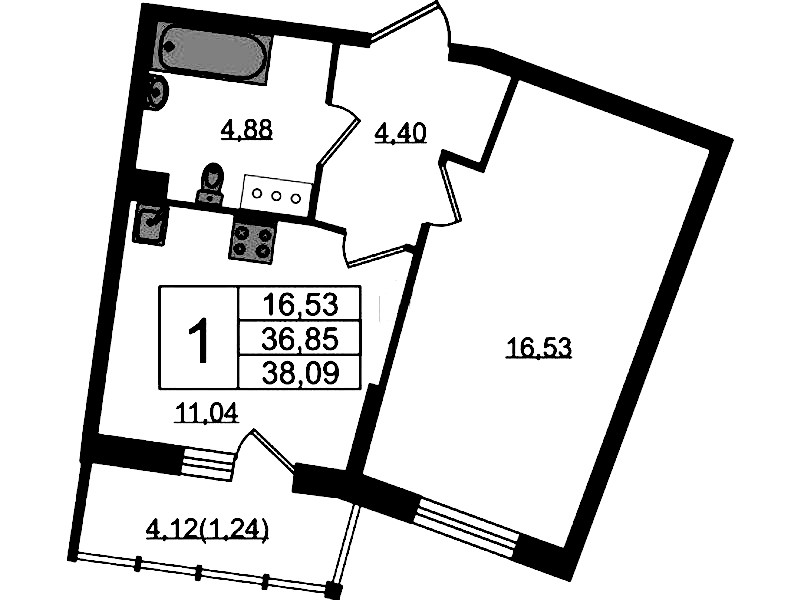 1-комнатная квартира 38.09 м², 10/22 эт., ЖК «Левитан»
