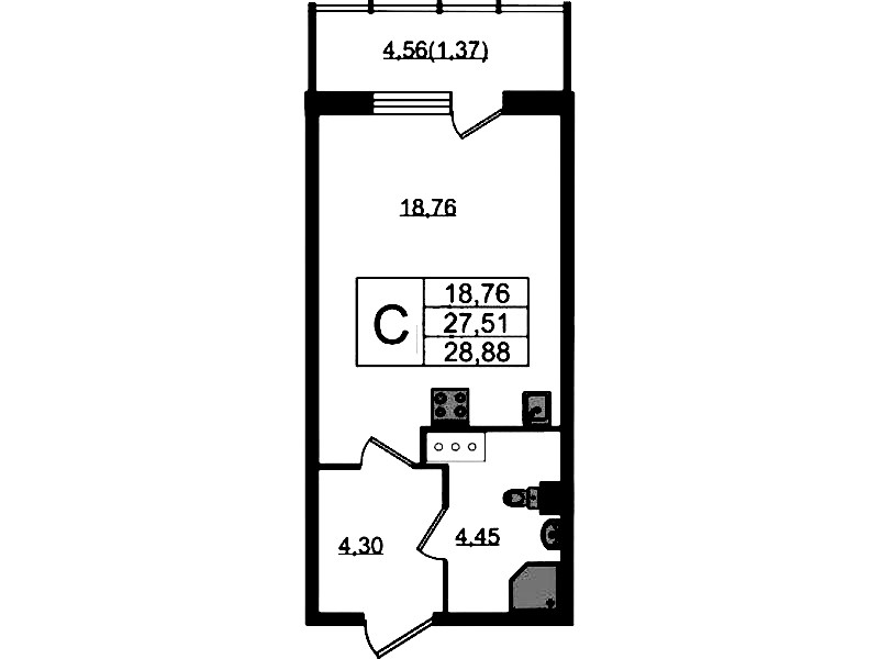 Квартира студия 28.88 м², 14/22 эт., ЖК «Левитан»