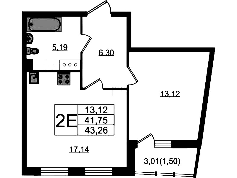 1-комнатная квартира 43.26 м², 14/22 эт., ЖК «Левитан»