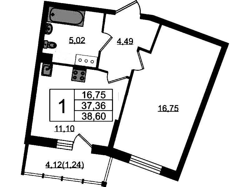 1-комнатная квартира 38.6 м², 15/22 эт., ЖК «Левитан»