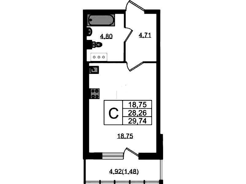 Квартира студия 29.74 м², 15/22 эт., ЖК «Левитан»