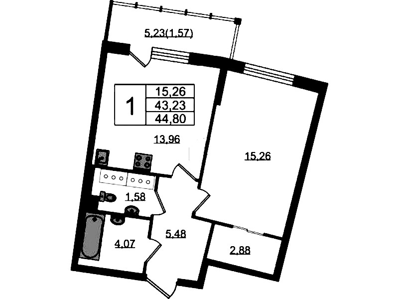 1-комнатная квартира 44.8 м², 19/22 эт., ЖК «Левитан»