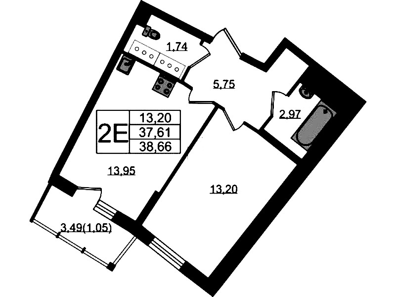 1-комнатная квартира 38.66 м², 21/22 эт., ЖК «Левитан»