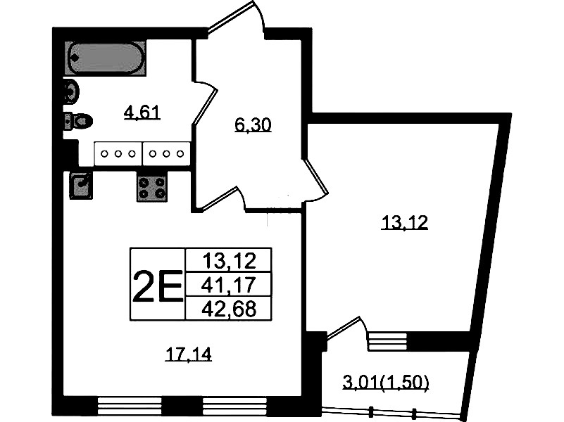 1-комнатная квартира 42.68 м², 21/22 эт., ЖК «Левитан»