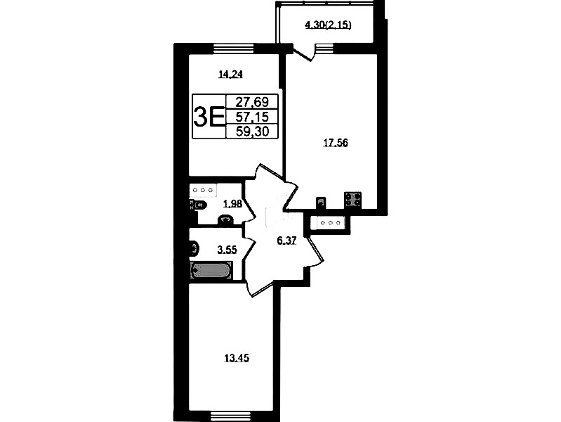 2-комнатная квартира 59.3 м², 16/22 эт., ЖК «Левитан»