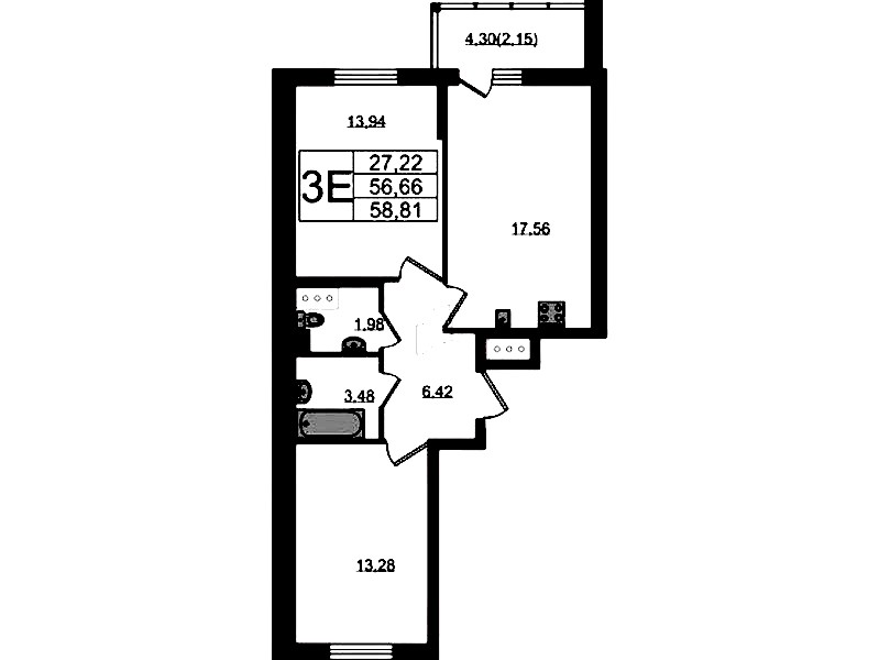 2-комнатная квартира 58.81 м², 3/22 эт., ЖК «Левитан»