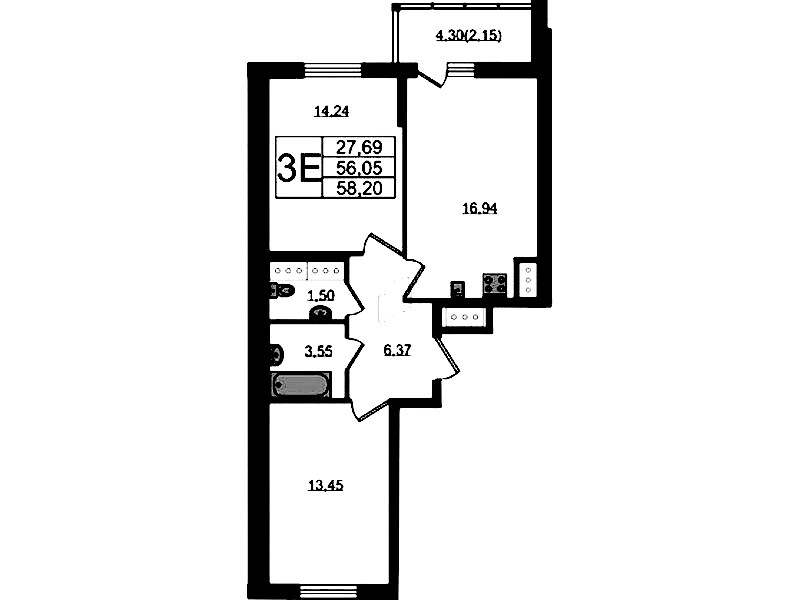 2-комнатная квартира 58.2 м², 19/22 эт., ЖК «Левитан»