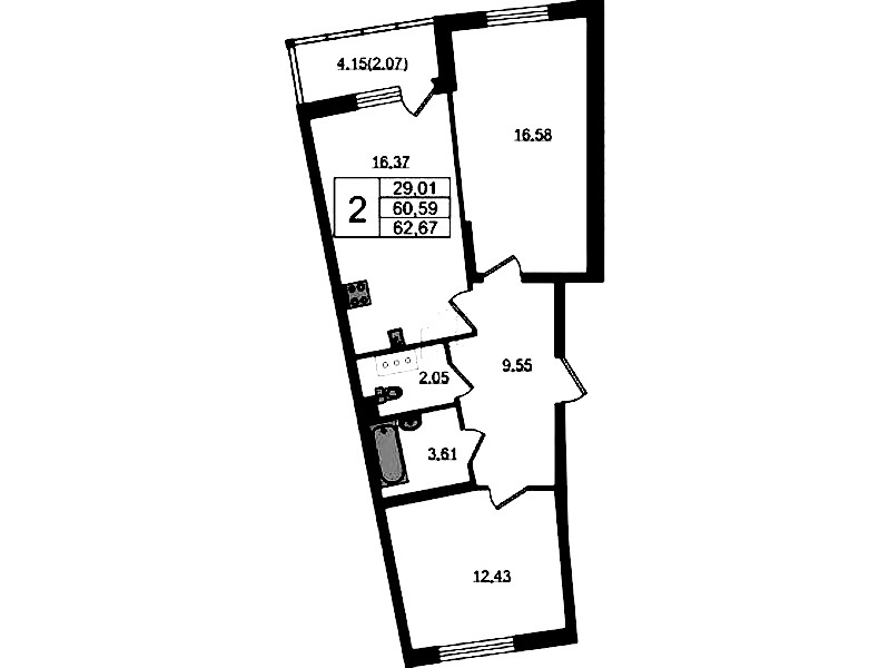 2-комнатная квартира 62.67 м², 7/22 эт., ЖК «Левитан»