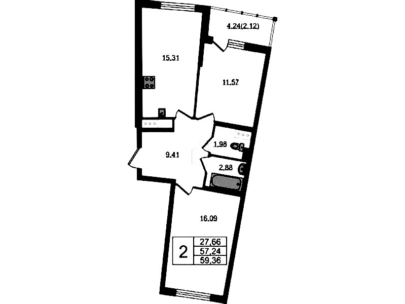 2-комнатная квартира 59.36 м², 4/22 эт., ЖК «Левитан»