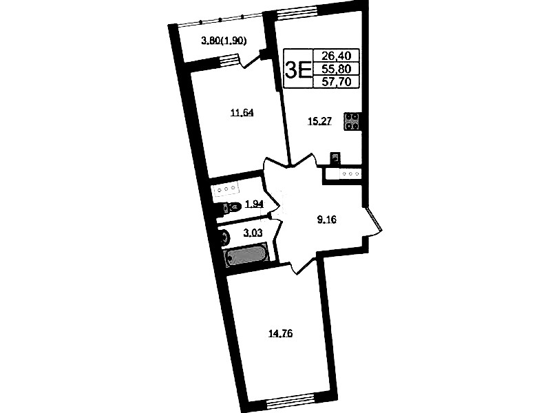 2-комнатная квартира 57.7 м², 15/22 эт., ЖК «Левитан»