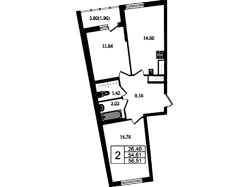 2-комнатная квартира 56.51 м², 21/22 эт., ЖК «Левитан»