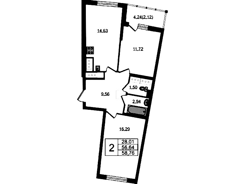 2-комнатная квартира 58.76 м², 22/22 эт., ЖК «Левитан»