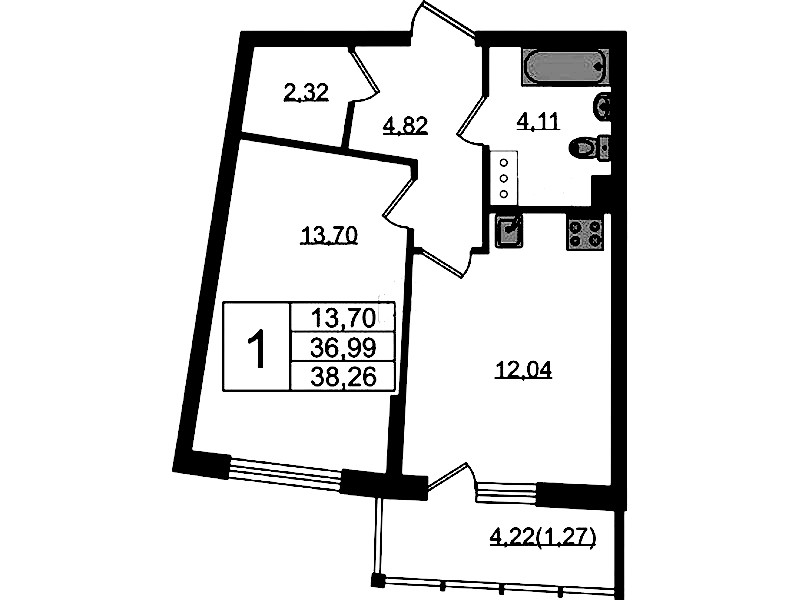 1-комнатная квартира 38.26 м², 16/22 эт., ЖК «Левитан»