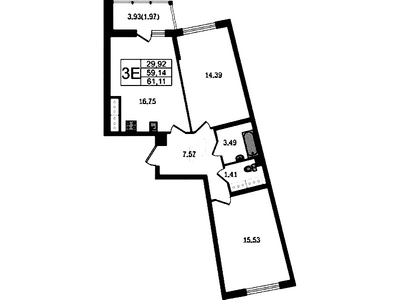 2-комнатная квартира 61.11 м², 20/22 эт., ЖК «Левитан»